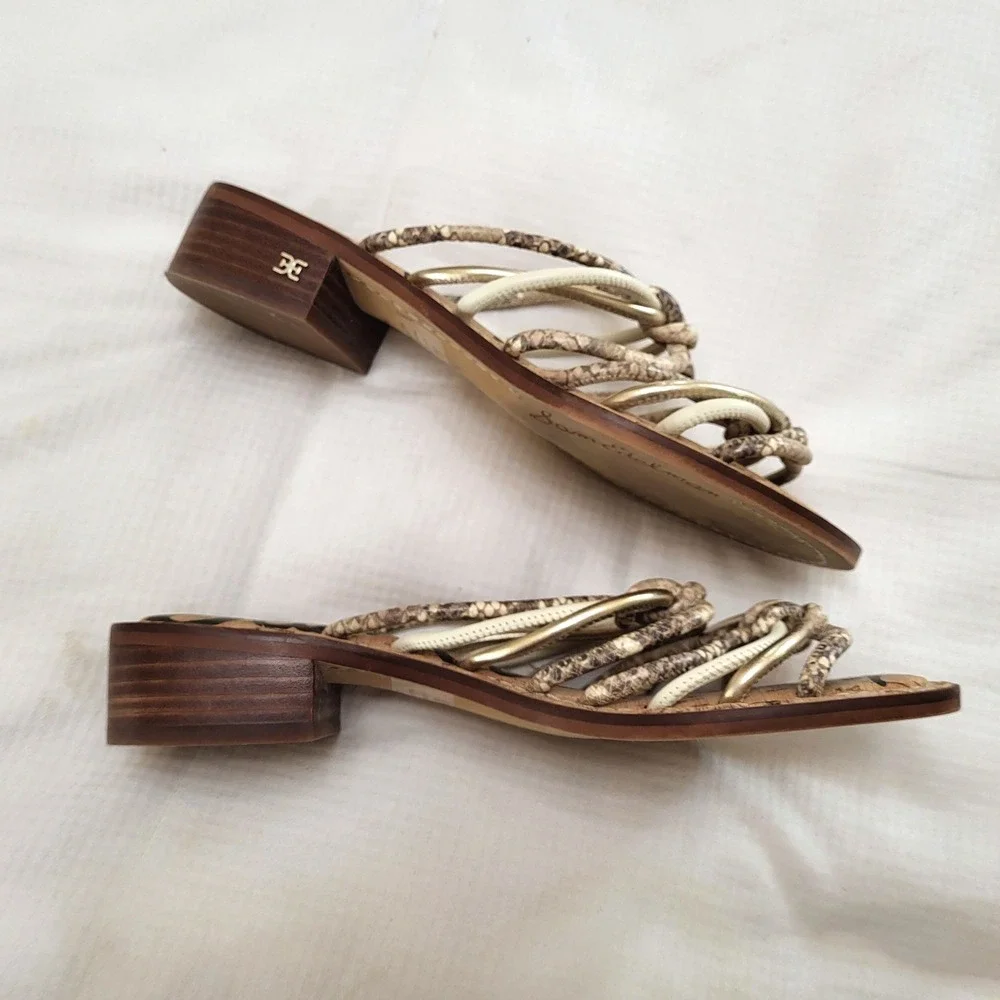 Sam Edelman Jazzie Snakeskin Metallic Gold Multi Strap Cork Slide Sandals 7.5M - Picture 6 of 9